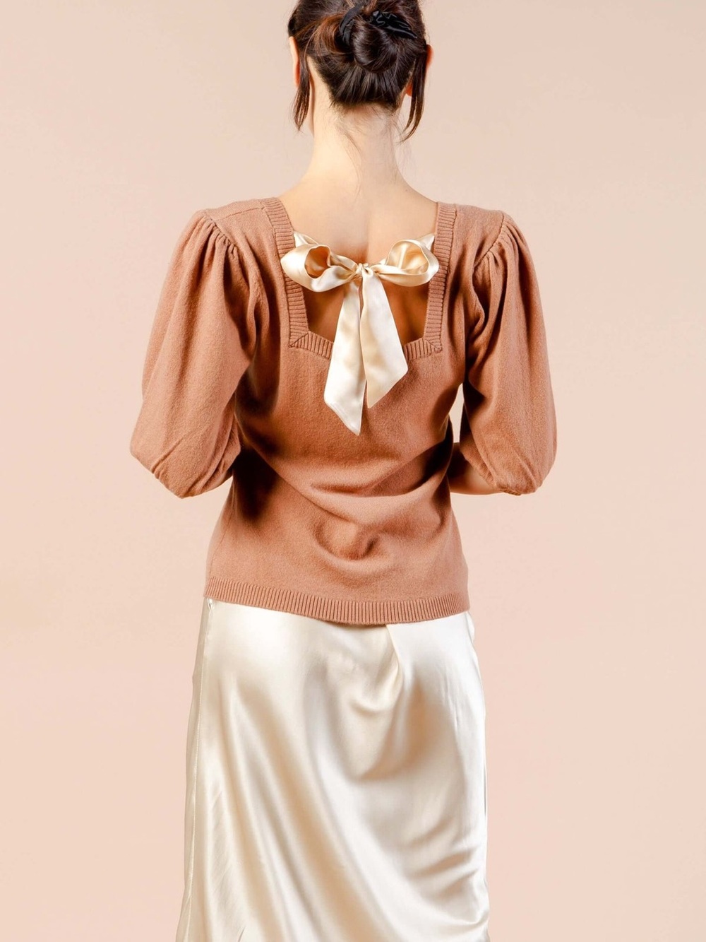 Cozure • Puff Sleeve Cashmere Sweater with Silk Bow